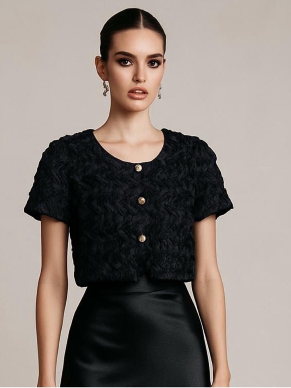 LEIFSDOTTIR Jacket Black Crop Short Sleeve Textured Ribbon Flower Overlay Small